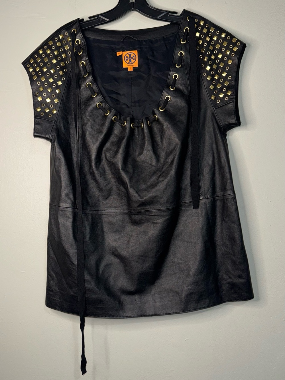 Tory Burch Black Leather Top with Gold Stud Accents